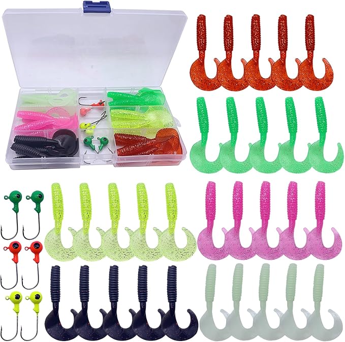 WOLFSKIN Soft Fishing Lures 36pcs Soft Plastic Baits Set Curly Tail Swimbaits with jig Head Hooks 6 Colors of Curly Tail Worms Grubs for Crap Bass Trout Walleye Freshwater Saltwater