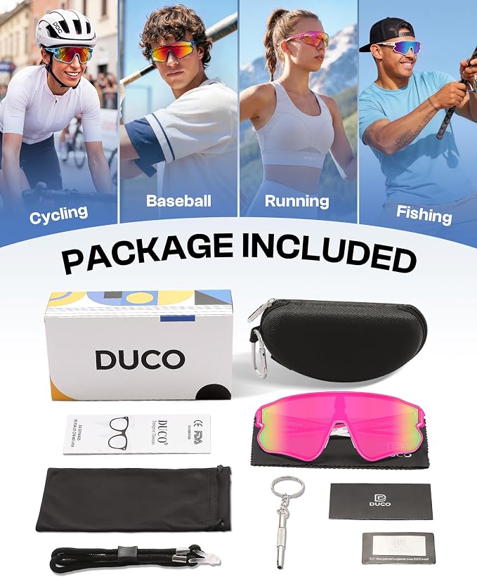 DUCO Polarized Sports Sunglasses for Men Women: UV400 Protection 24g Wrap Around Glasses for Baseball Running Hiking DC0023