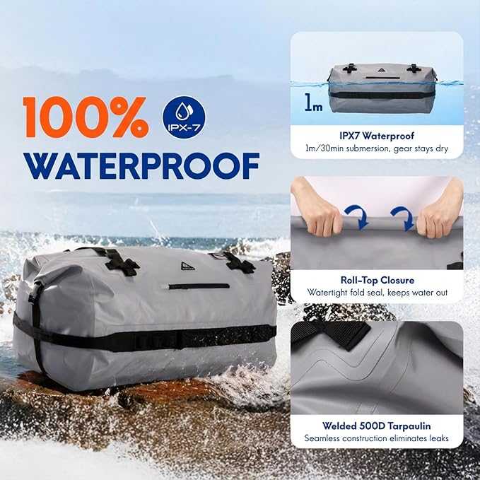 Haimont IPX7 Waterproof Roll-Top Dry Duffel Backpack | 60L/90L Sizes, 500D Tarpaulin, Welded Seams, Mesh Pockets, Boating & Kayaking