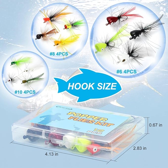 Fly Fishing Poppers Flies, Fly Popper Lures Bass Bluegill Crappie Trout Salmon Panfish Perch Popper Flies Kit for Fly Fishing