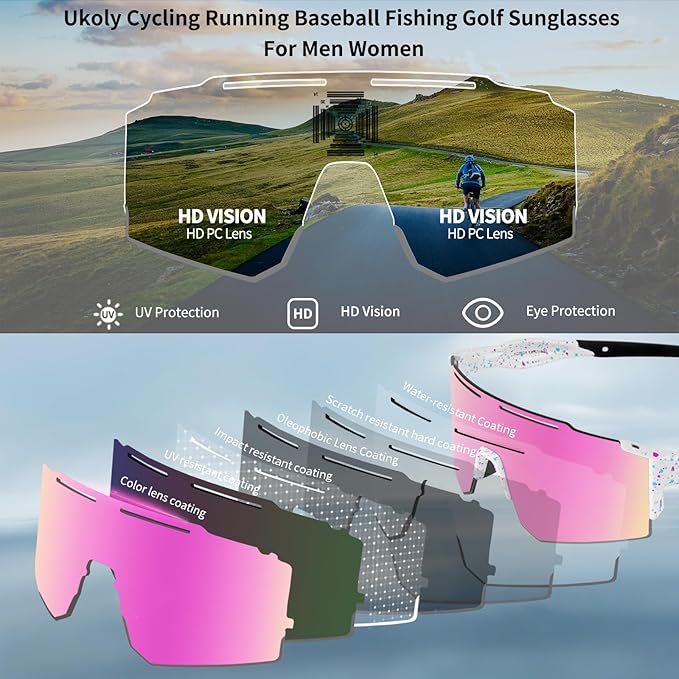 Ukoly Cycling Sunglasses for Men Women with 3 Interchangeable Lenses, Polarized Sports Sunglasses, Baseball Sunglasses