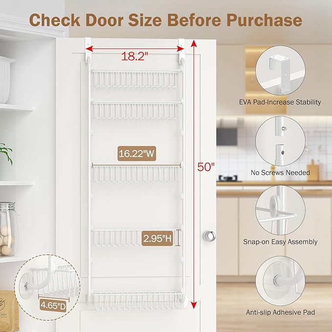 Delamu Over The Door Pantry Organizer, 5-Tier Pantry Door Organizers and Storage with Adjustable Basket, Metal Hanging Spice Rack, Seasoning Organizer, Door Organizer for Home Kitchen Bathroom, White