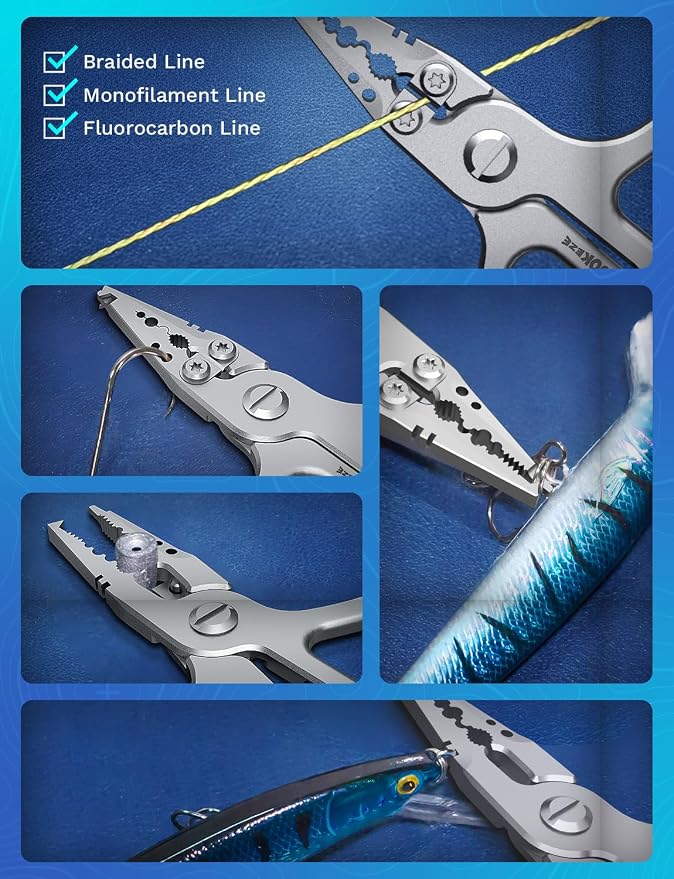 HOOK-EZE Multi-Function Fishing Pliers, Saltwater Resistant Fishing Scissors, Tungsten Cutters, Knot Tying Tool with Lanyard, Split Ring Hook Remover, Gifts for Men