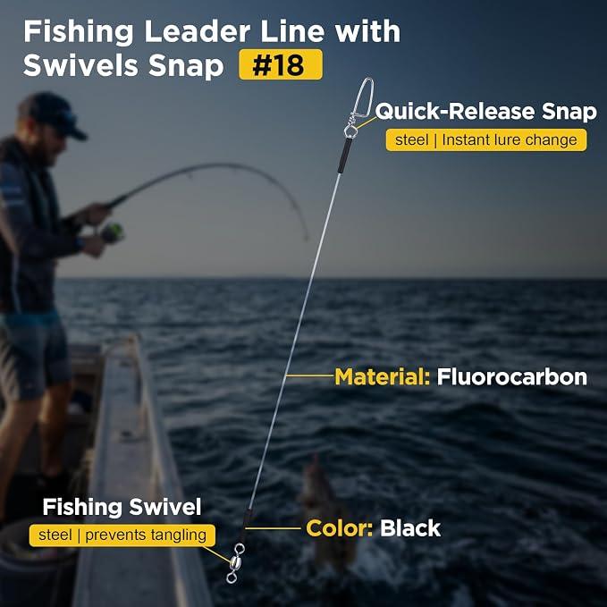 DONQL 15PCS Fluorocarbon Fishing Leaders with Swivel Snaps Connects Lures Bait or Hooks Wire Leaders Line for Saltwater Freshwater Ideal for Bass, Trout, Pike