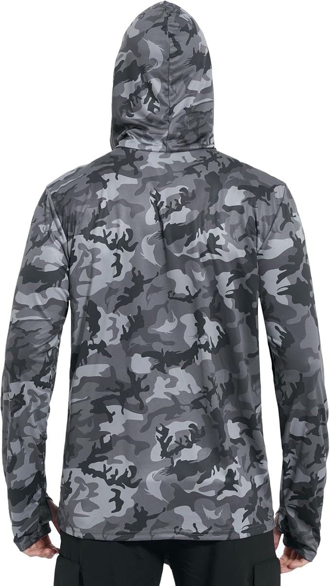 FISHEAL Men's Performance Fishing Hoodie Shirt - UPF 50+ Sun Protection Long Sleeve Thumbholes Shirts with Neck Gaiter