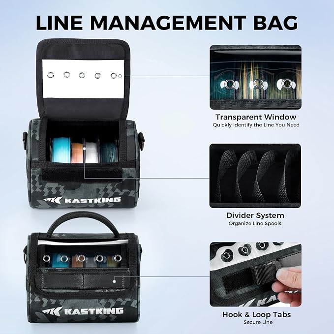 KastKing BaitSpace Line Management Bag, Fishing Line Storage Bag with Water Resistant Nylon, Clear View Window, Removable Divider, Tangle-free Leader Line Holder