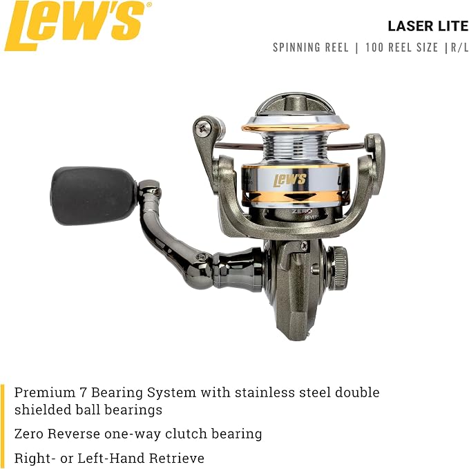 Lew's Laser Lite Spinning Fishing Reel, 6+1 Bearings, Graphite Frame and Sideplate, Speed Lube, Multi-Disc Drag