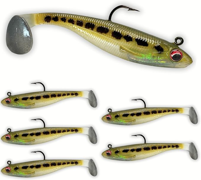 USA Bass Tackle Patriot Shad - Scent Infused Paddle Tail Swimbaits Pre Rigged Fishing Lures Premium Bait Strong Owner Hook, Fishing Gear for Bass Freshwater Predator Fish