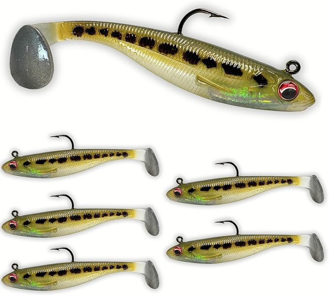 USA Bass Tackle Patriot Shad - Scent Infused Paddle Tail Swimbaits Pre Rigged Fishing Lures Premium Bait Strong Owner Hook, Fishing Gear for Bass Freshwater Predator Fish
