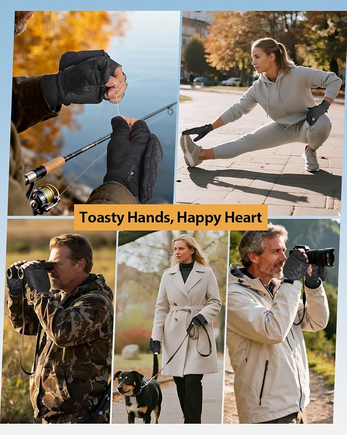 RIGWARL Winter Fingerless Gloves for Men Women, Convertible Mittens with Hand Warmer Pocket, Running Mittens for Photograph