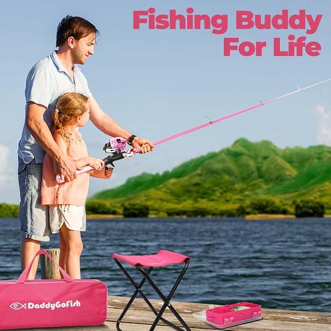 DaddyGoFish Kids Fishing Pole - Rod Reel Combo Tackle Box Starter Set - First Year Small Dock Gear Kit for Boys Girls Toddler Youth Age Beginner Little Children Junior Anglers