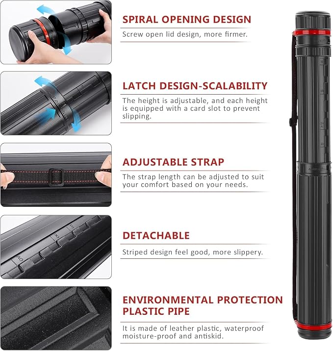 DEWEL Post Tube Expands from 30”to 51”, Waterproof Blueprint Holder Telescoping Art Tube, Large Plastic Black Fishing Rods Case Storage Tube, Light Resistant Drawing Tube with Strap (XL Size)