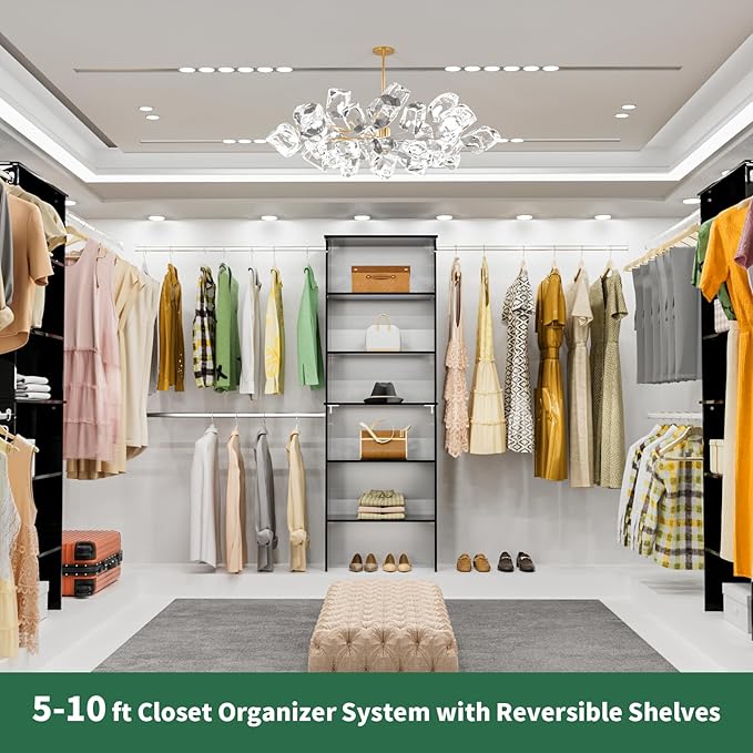 ROOMTEC Closet System, 25.5" Wide Wall-Mounted Closet Organizer Kit with Wood Storage Tower and 3 Hanging Rods, Wardrobe Closet System for Walk-In Closets, Black