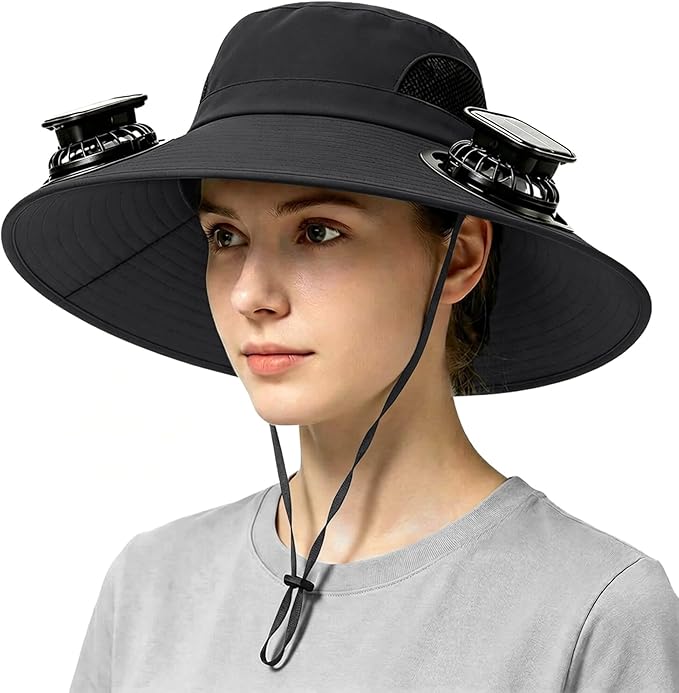 Solar Powered Fan Hat for Men Women Wide Brim Hat with 2 Fans UPF 50+ Outdoor Fishing Beach Sun Hat