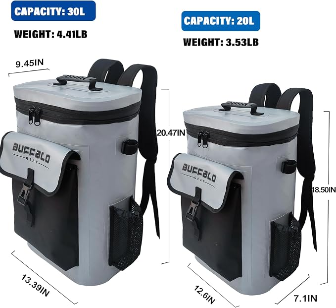 Buffalo Gear Fish Cooler Backpack 32Qt Waterproof Fishing Backpack Cooler Portable Fish Bag, Keep Ice Cold More Than 24 Hours