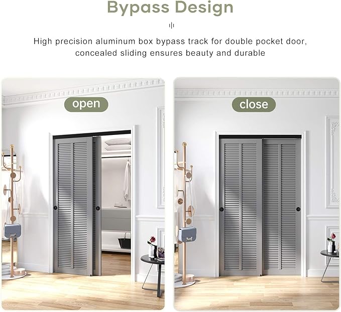 EaseLife 4 FT 48in Bypass Double Sliding Pocket Door Hardware Kit, Commercial Grade Aluminum, Quiet, Easy Install, Black
