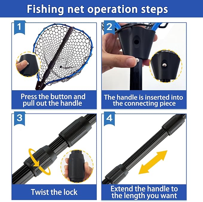 Telescoping Metal Lock Fishing Net Blue Aluminum Alloy Rubber Fish Net - Adjustable Length Lightweight Foldable Large Fishing Net with Handle Collapsible Extendable Fishing Accessories