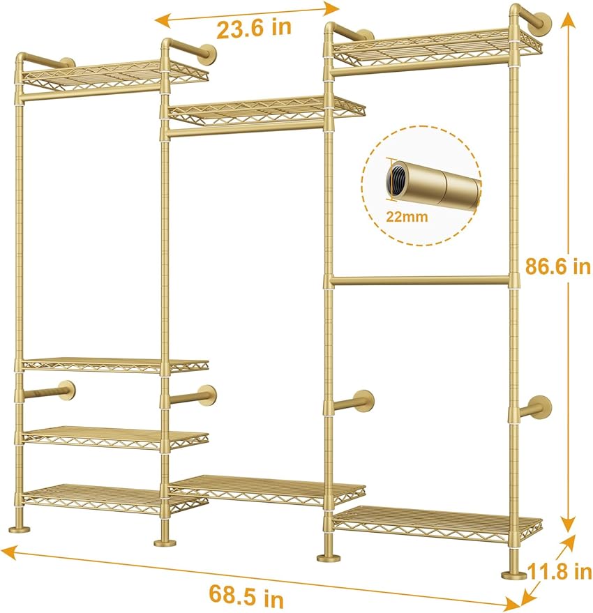 M6 Clothes Rack for Wall Mounted, Heavy Duty Closet Wardrobe System with 8 Shelves and 4 Hanger Rods, 68.5" W x 11.8" D x 86.6" H Clothing Storage Organizer for Holding 1064lbs, Gold