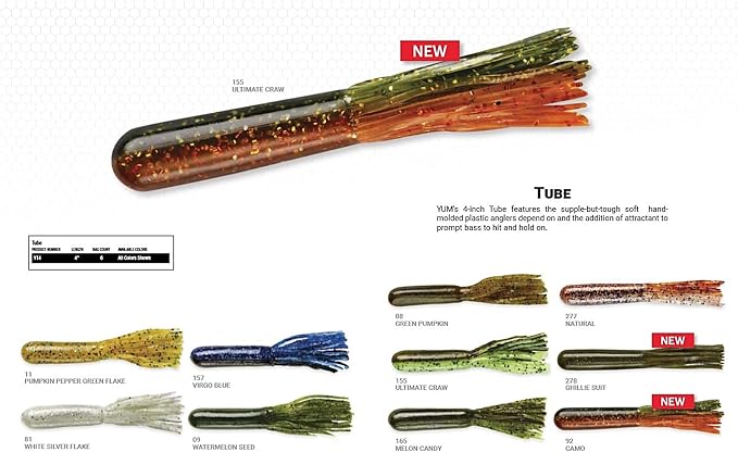 YUM Tube Soft Plastic Bass Fishing Lure - Designed Specifically for Bass, 4 Inch Length, 6 per Pack