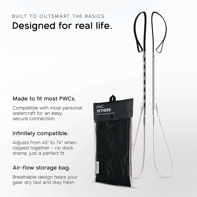 MISSION Boat Gear PWC Dock Line 2 Pack, Premium Bungee Dock Lines for Jet Ski & Boat Docking, Marine Grade Boat Rope, Stretch Boat Dock Line with Loop, Secure Boat Tie Downs for Dock Accessories