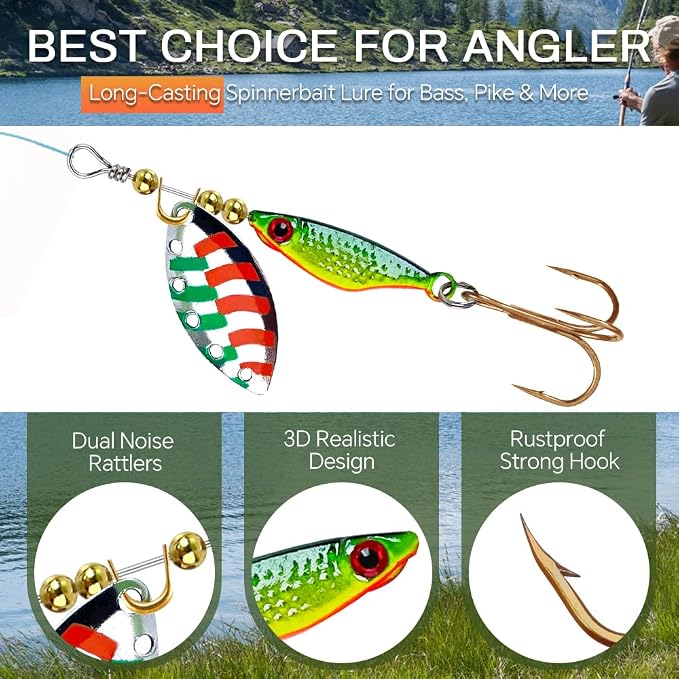TB Tbuymax Fishing Spinner Baits for Freshwater and Saltwater, 10pcs Rooster Tail Fishing Lures & Spinning Spoons, Hard Metal Baits for Bass Trout Salmon with 2 Tackle Boxes