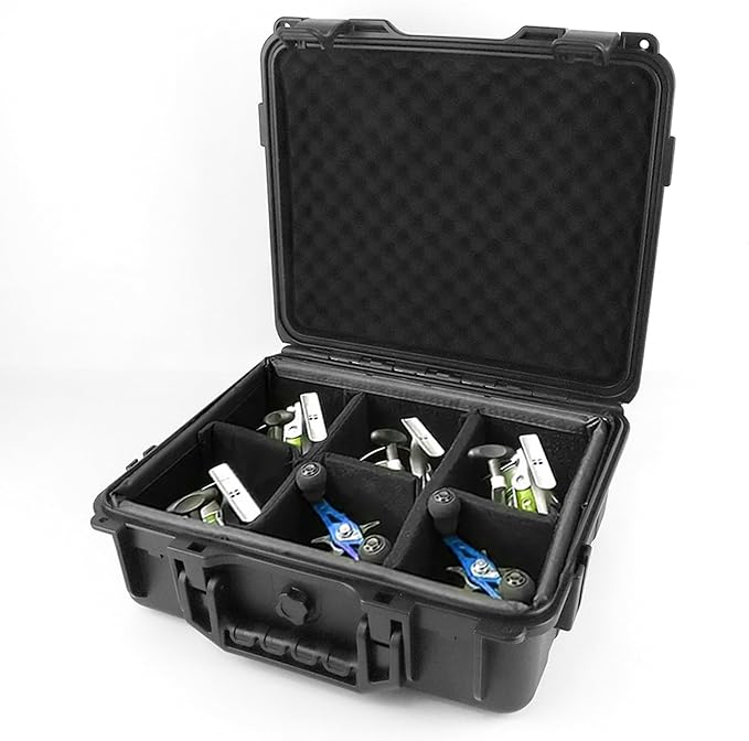 Fishing Reels Storage Case, Tackle Accessories Storage Handcase,5pcs Adjustable Magic Tape Dividers (6 Compartments), Fits Fishing Reels, Lures, Spare Fishing Line, Black, Medium,12.8*11.6*4.7 Inch