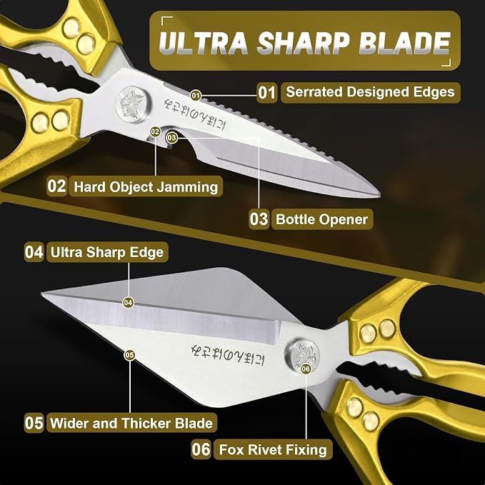 Dream Reach Kitchen Scissors Heavy Duty Kitchen Shears for Food, Meat Scissors Dishwasher Safe, Poultry Shears Set for Turkey, Meat, Seafood, Bone Cutting - Gifts for Men (Golden)