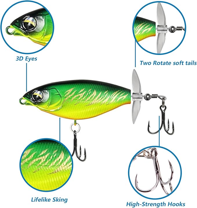 5Pcs Whopper Fishing Lure for Bass Popper Topwater Fishing Lures with Two Propeller Blade Floating Rotating Tail Barb Treble Hooks in Freshwater Plopping Lures