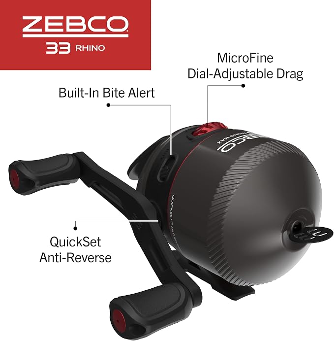 Zebco 33 Rhino Tough Spincast Reel and 2-Piece Fishing Rod Combo, Durable E-Glass Rod with ComfortGrip Handle, Quickset Anti-Reverse Fishing Reel with Bite Alert