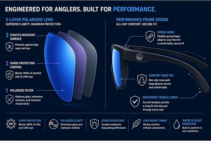 Polarized Fishing Sunglasses for Men - UV400 Protection - Lake, River, Ocean - Lightweight TR90 Frame