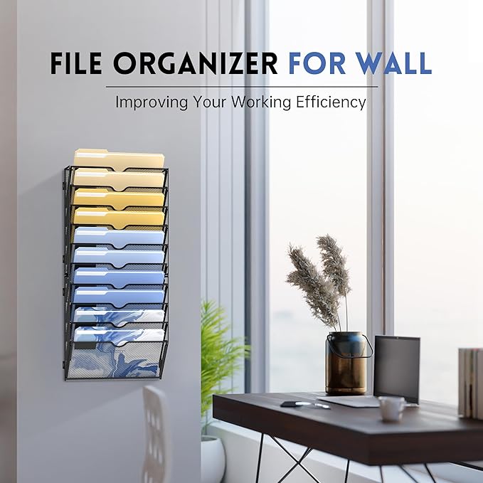DALTACK Wall File Organizer, 10 Tier Hanging File Organizer, Mail Organizer Wall Mounted for Papers Folders Clipboard Magazine, Office Cubicle Organization & Storage, Assembly Needed Black 2 Pack