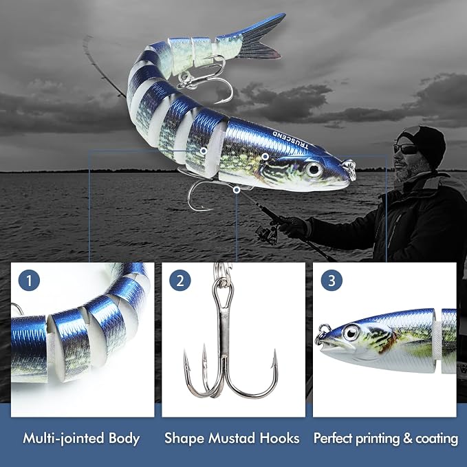 TRUSCEND Swimmax Easy Catch Fishing Lures with BKK Hooks, Wiggling, Vibrating, Rattling and Gurgling for More Bites, Heavy-Duty Dyneema Fiber Jointed Swimbaits for Bass, Trout, Crappie, Walleye, Pike