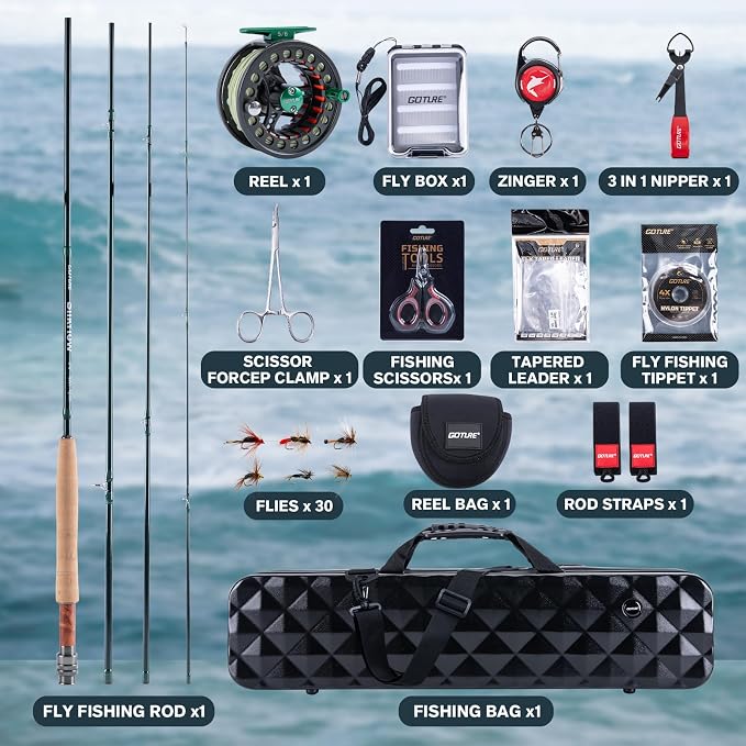 Goture Fly Fishing Rod and Reel Combo with Fly Rod & Gear Case, 9FT 4-Piece Fly Rod, Pre-Spooled Reel, Fly Line, Flies, Leader, Tippet, Forceps, Nipper and Complete Starter Kit