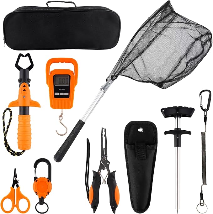 Hikary 10 Pcs Fishing Tool Kit,Folding Fishing Net Set with Storang Bag,Pliers with Lanyard and Protective Sheaths,Hook Remover,Fish Gripper,Fish Scale,Scissors for Fisherman Travel Gifts