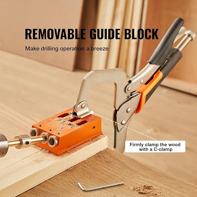 VEVOR Pocket Hole Jig Kit, 34 Pcs Pocket Hole Jig System with 11" C-clamp, Fixture, Step Drills, Wrenches, Drill Stop Rings, Square Drive Bits, Toolbox, Adjustable, for DIY Carpentry Projects