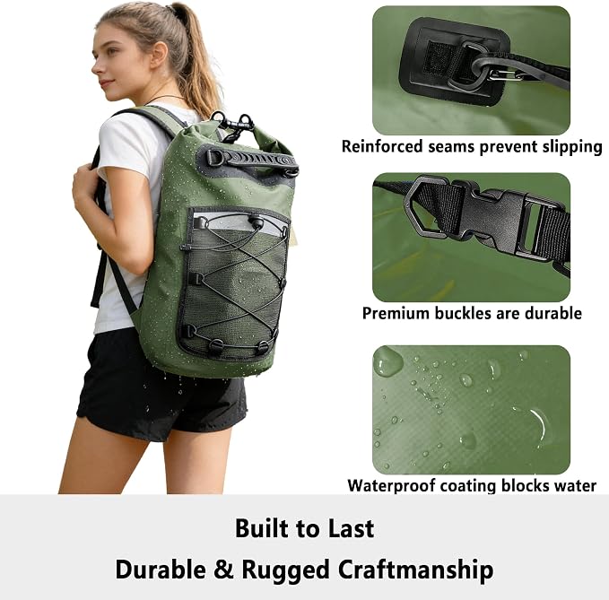 SHENDU 20L Waterproof Dry Bag - Roll-Top Backpack w/Waterproof Phone Case for Kayaking, Hiking, Camping, Boating, Beach Unisex（green）