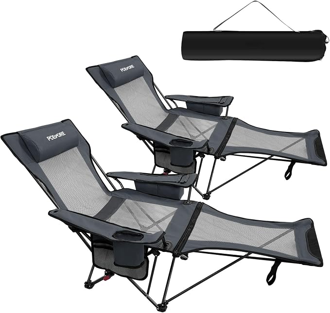 2-Pack Reclining Camping Chair 4 Position with Foot Rest Comfortable for Adults 265Ibs Folding Lounger Mesh Beach Chair with Cooler Bag and Cup Holder for Outdoor Patio