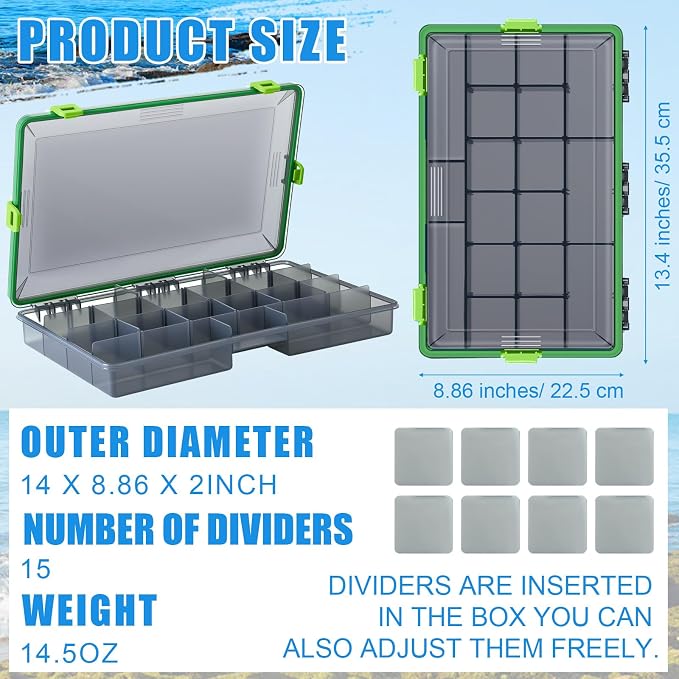 Wonderjune 6 Pack Fishing Tackle Boxes Waterproof 3600 and 3700 Tackle Trays with Removable Dividers Plastic Storage Organizer Bait Vault Camouflage Box for Freshwater Saltwater (Green,3700)