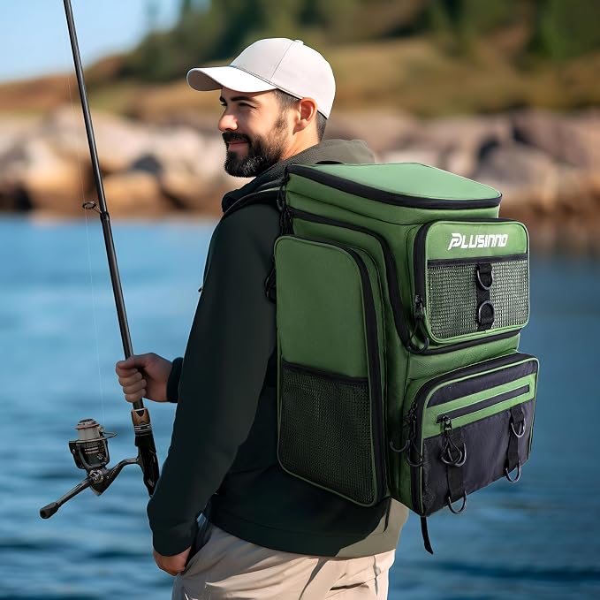 PLUSINNO Fishing Tackle Backpack with Rod Holders，42L Water-resistant Fishing Bag Store Fishing Gear,Fishing Gifts For Men.