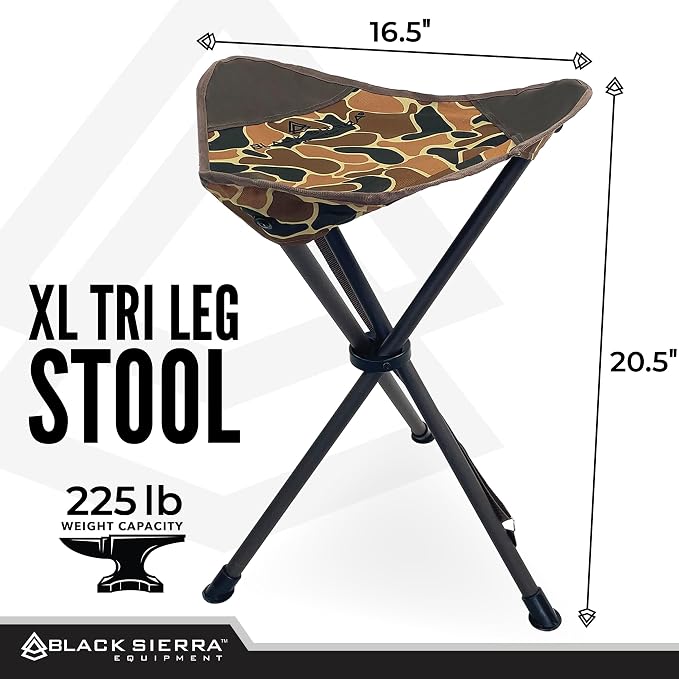 Black Sierra Folding Hunting Stool with Shoulder Strap, Lightweight Collapsible Tripod Seat, Steel Frame Supports 225 lbs, Portable Foldable Chair for Hunting Blind, Fishing, Hiking, Travel