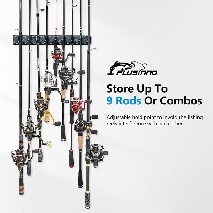 PLUSINNO 4 Pack Vertical Fishing Rod Rack, Wall Mounted Fishing Rod holder, 4 Packs Fishing Pole Holders Hold Up to 36 Rods or Combos, Fishing rod holders for garage, Fishing Gear and Gifts for Men