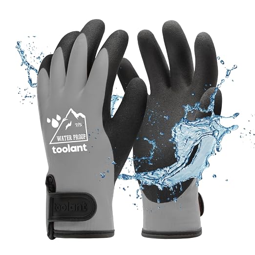 toolant 100% Waterproof Gloves for Men and Women, Winter Work Gloves for Cold Weather, Thermal Insulated Freezer Gloves, Touch Screen, With Grip, Grey, Small