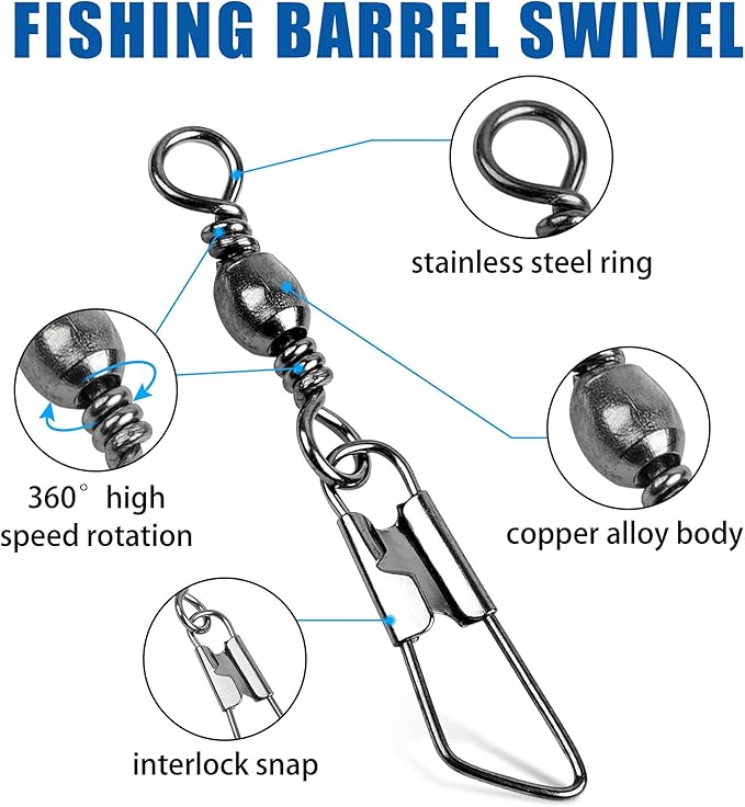 Barrel Swivel Snaps,50/100pcs Fishing Swivel Safety Snaps Stainless Steel Copper Swivel Fishing Multiple Size Black/Gold Fishing Swivel Snaps for Saltwater Freshwater