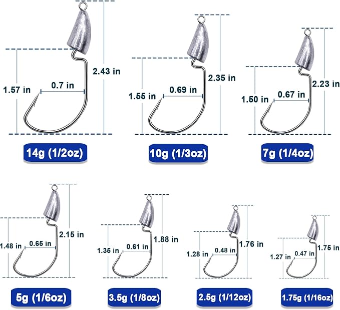 FishTrip Bullet Jig Head Weighted Hooks,10pcs Texas Rigs EWG Hooks for Bass Fishing Saltwater 1/16 1/8 1/4 1/2 oz