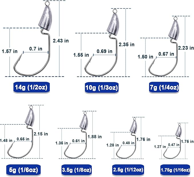 FishTrip Bullet Jig Head Weighted Hooks,10pcs Texas Rigs EWG Hooks for Bass Fishing Saltwater 1/16 1/8 1/4 1/2 oz