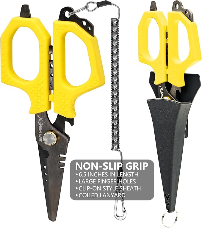 SAMSFX Fishing Braid Line Scissors Shears with Titanium Coating and Dual-Serrated Blade, Kraton Handle, Arrives with Hard Sheath and Coiled Lanyard (Yellow Kraton Handle)