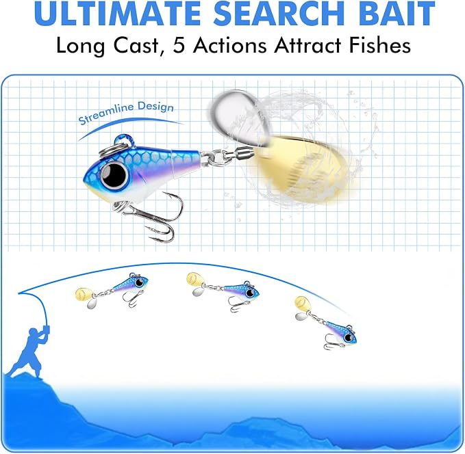 TRUSCEND Vibespinner Easy Catch Fishing Lures with BKK Hooks, Tail Spinner Baits with 4 Actions, Vibrating Swimming Flashing & Jigging for More Bites, Spoon Lures for Bass Trout Crappie Walleye Pike