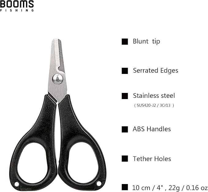 Booms Fishing S01 Fishing Scissors for Braided Line, Fishing Line Cutter Saltwater and Freshwater, Fishing Serrated Shears with Retractor, 3.9” Black