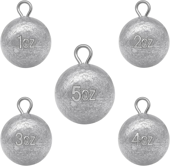 5 Pcs Fishing Round Sinker Cannonball Lead Weights Assortment Egg Drop Bass Weights Saltwater Freshwater Casting 1-5oz
