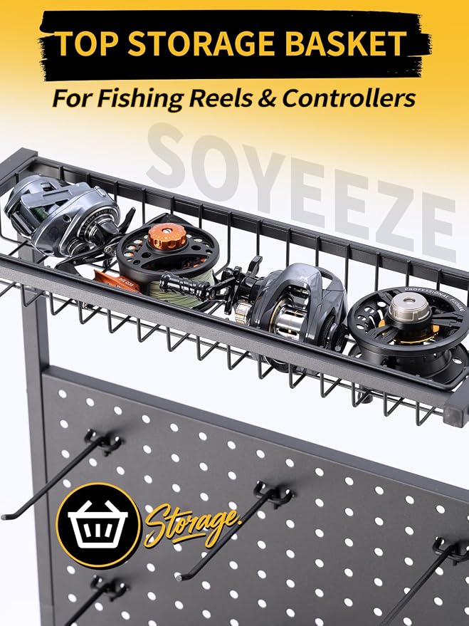 SOYEEZE Fishing Rod Holders for Garage,Fishing Gear Holder for Fishing Rod Tackle Box Storage，Fishing Pole Holders for 12 Rods with Hooks and Pegboard,Fishing Cart with Reel Rack, Standard Size